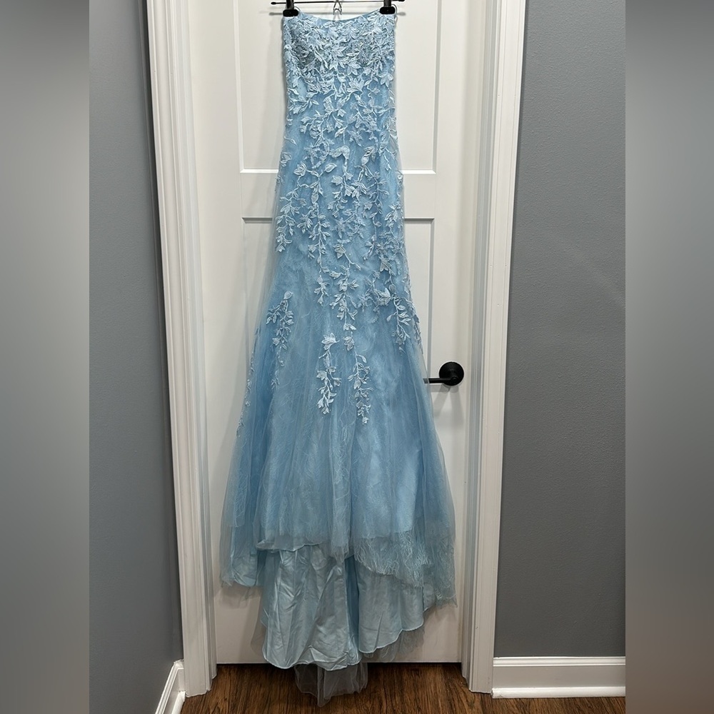 Trumpet/Mermaid Scoop Neck Lace Tulle Sweep Train Appliques Prom Dress Size 0 - Picture 10 of 14
